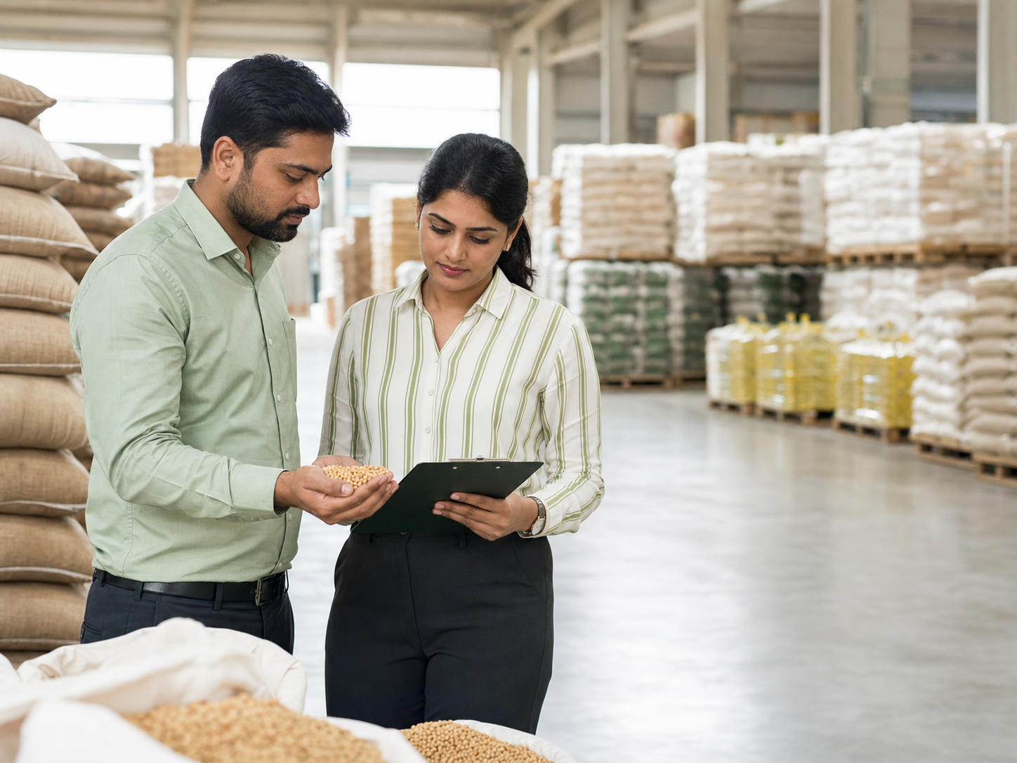 Sohum Soya Foods professionals reviewing soybean quality in a warehouse