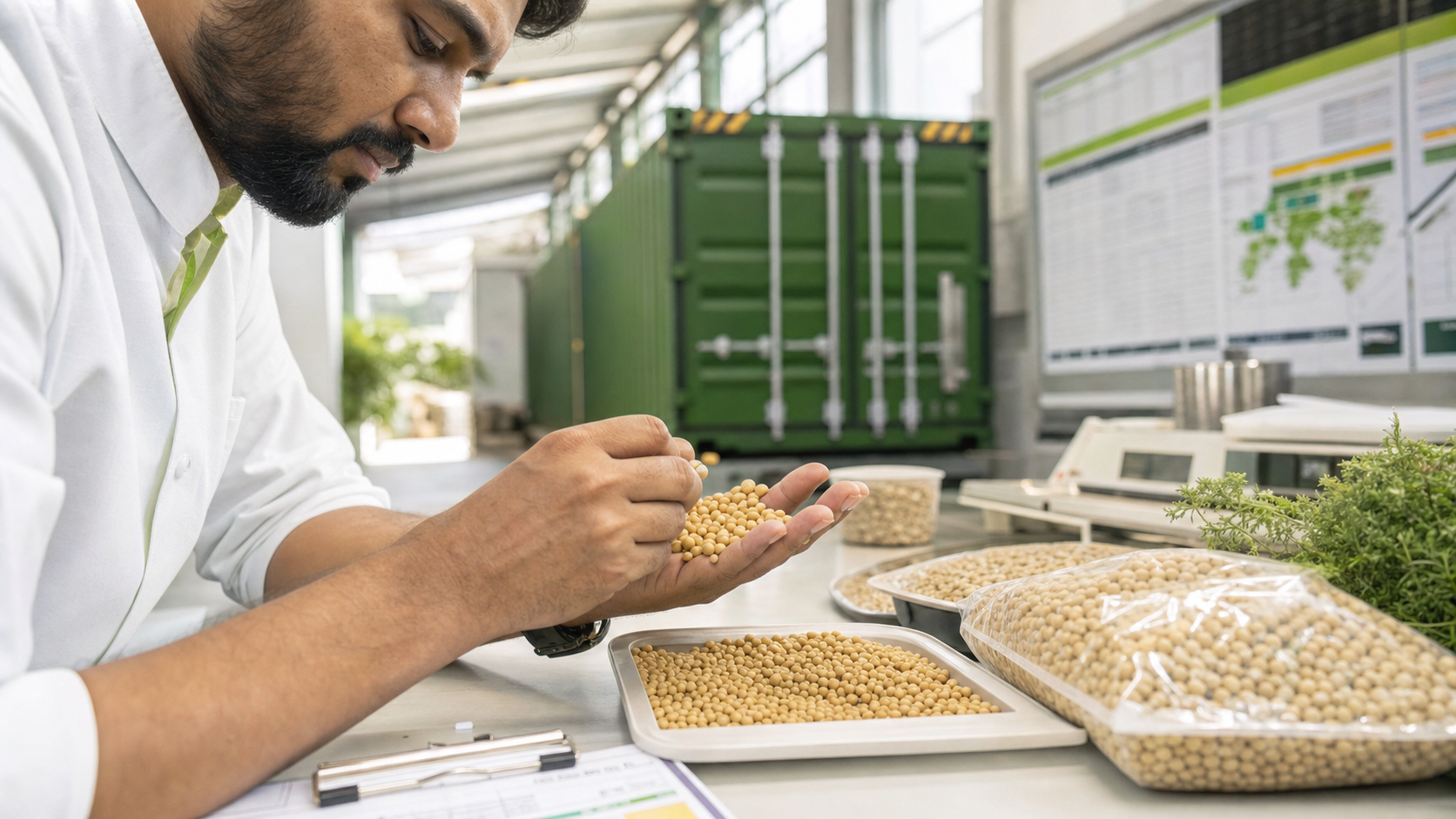Specialist examining soybeans during quality review